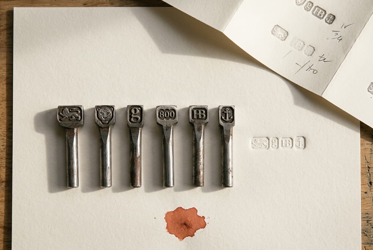 Steel hallmark punches laid in order on bone paper, with one struck impression pressed into the sheet beside them.